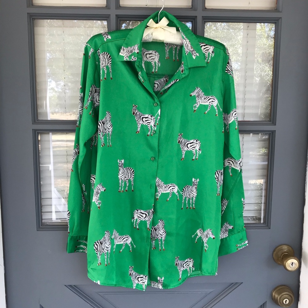 Zara Green Satin Feel Zebra Print Long Sleeved Button Up Blouse Size XS